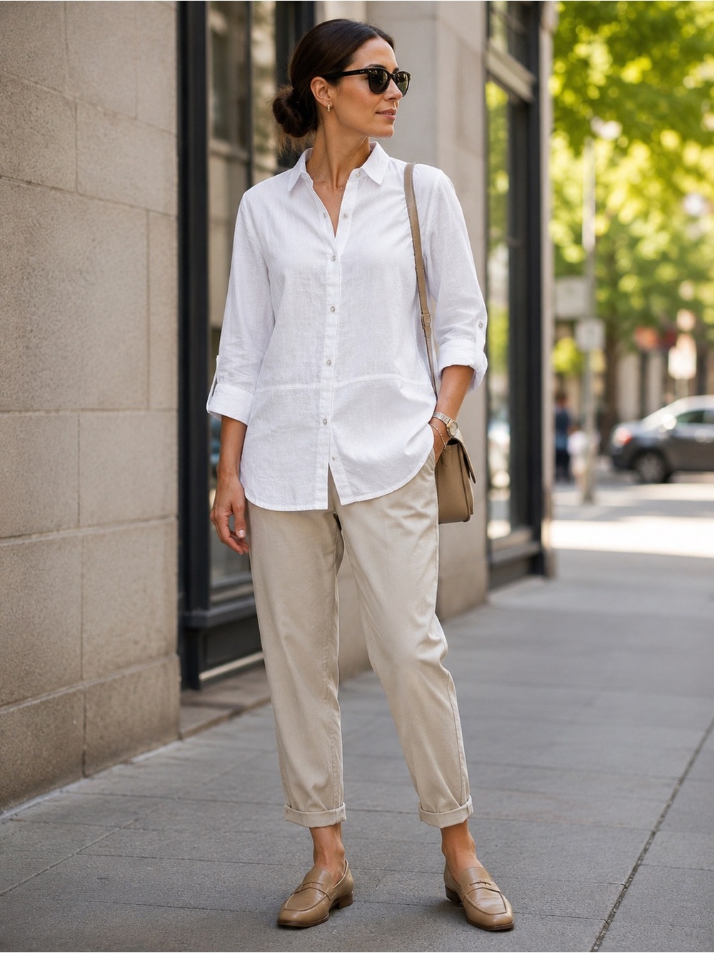 Tahari White Linen Tunic Blouse Medium Roll Tab Sleeve Top